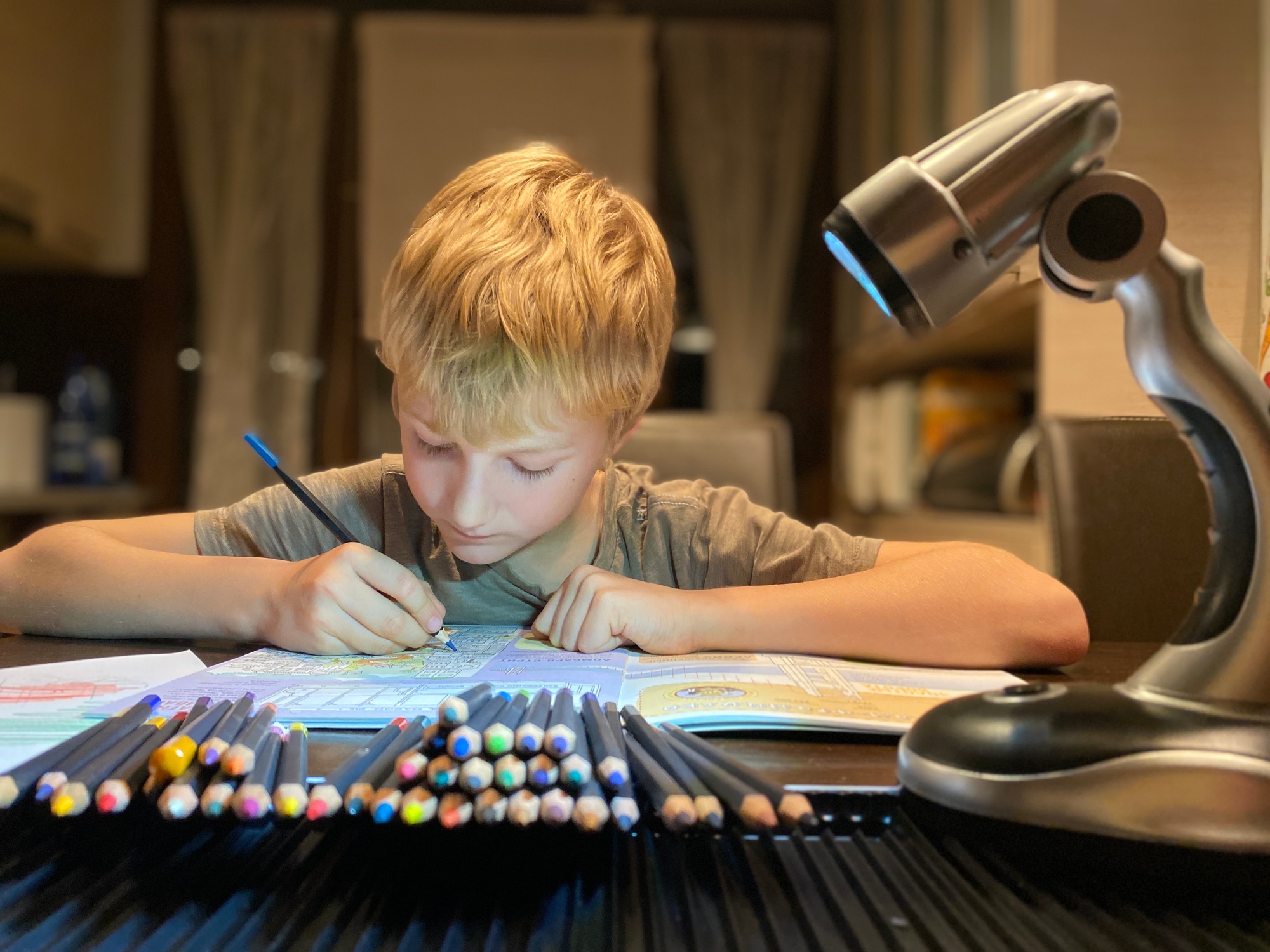 Boy drawing with colors pencils