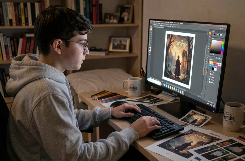 Adolescent créant une affiche Harry Potter à imprimer sur ordinateur dans sa chambre avec références graphiques