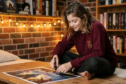 Adolescente créant une affiche Harry Potter à imprimer dans sa chambre décorée sur le thème de Poudlard