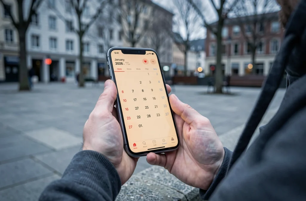 Personne consultant un calendrier numérique 2026 avec numéros de semaines sur smartphone en extérieur urbain