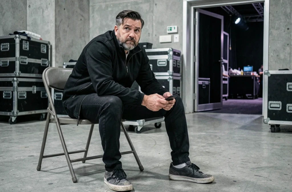 Homme seul en coulisses d'une salle de concert, assis sur une chaise pliante avec son téléphone, regard perdu dans le vide, illustrant l'isolement des célébrités