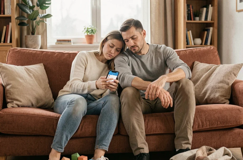 Couple de parents épuisés assis ensemble sur un canapé, cherchant du soutien émotionnel via un blog parentalité