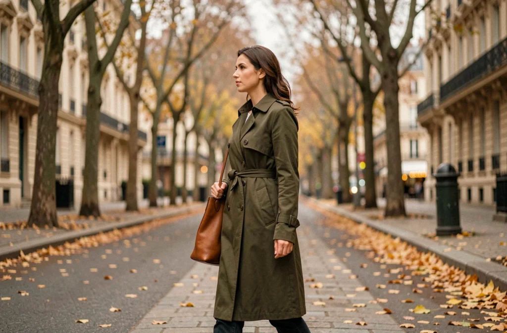 Femme en trench coat marchant seule sur un boulevard parisien en automne, attitude déterminée et discrète symbolisant l'intérêt du public pour la vie privée des personnalités
