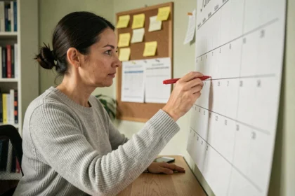 Femme marquant les semaines paires et impaires sur un calendrier papier dans un bureau à domicile