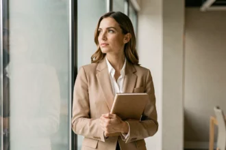 Femme élégante en blazer beige tenant un carnet dans un bureau parisien moderne, regard introspectif évoquant la vie privée et la discrétion publique