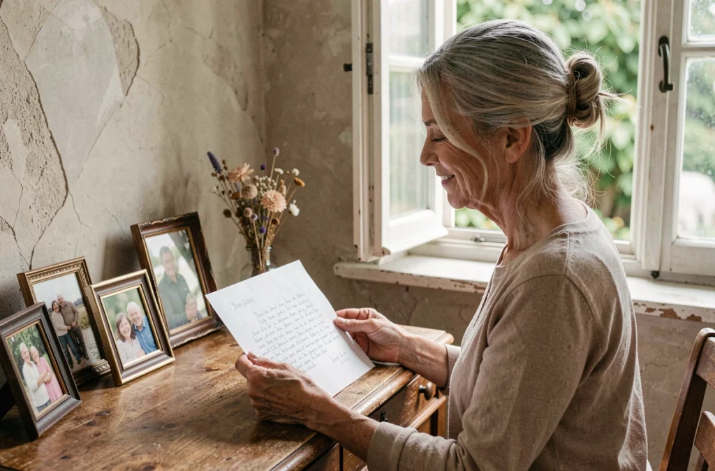 Femme mature lisant une lettre manuscrite à son bureau, symbolisant les proverbes et messages d'amour adressés à une maman