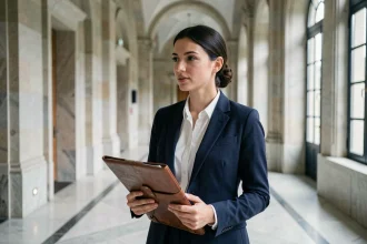 Femme politique professionnelle dans un couloir institutionnel européen, illustrant les rumeurs et démentis autour de Sarah Knafo en 2026