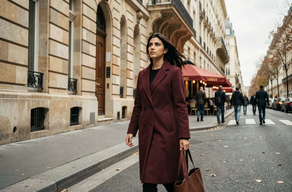 Jeune femme politique marchant dans une rue parisienne haussmannienne, évoquant les spéculations médiatiques autour de Sarah Knafo en 2026