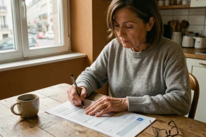 Femme remplissant une attestation d'hébergement à son domicile pour la préfecture