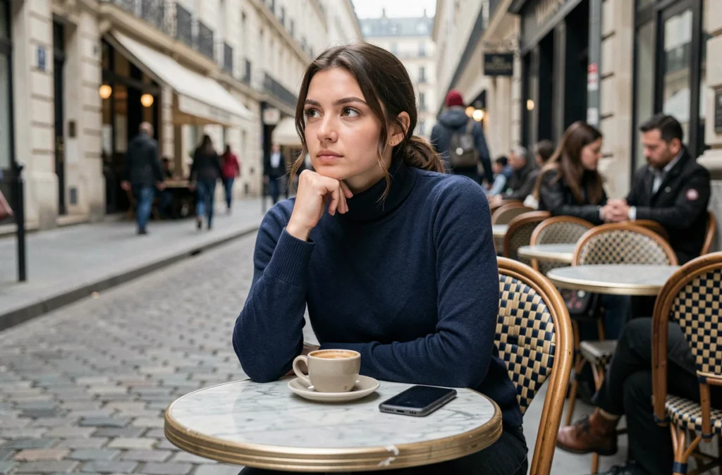 Jeune femme pensive attablée seule dans un café parisien, téléphone retourné sur la table, illustrant la recherche d'intimité et de discrétion dans la vie publique