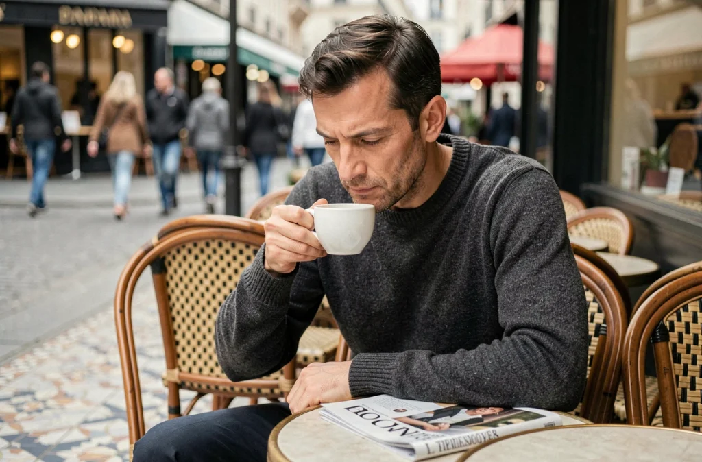 Homme introspectif attablé en terrasse de café parisien, tasse de café entre les mains, moment de vie privée et de recueillement