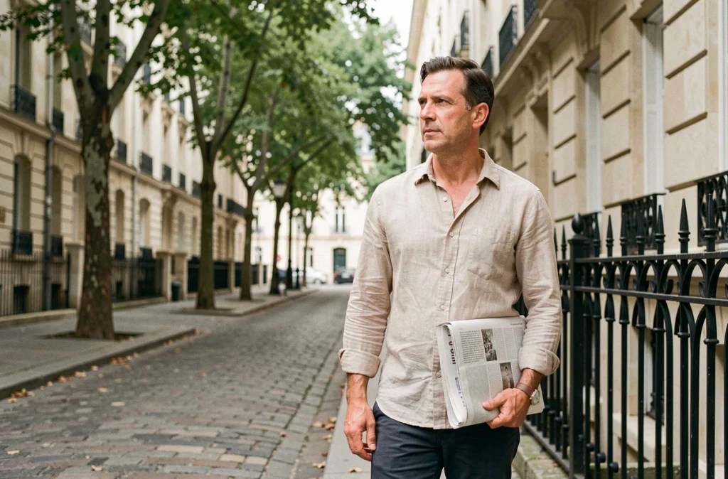 Homme en chemise de lin dans une rue parisienne haussmannienne, allure discrète et posée, quartier résidentiel calme