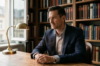 Portrait d'un homme en veston marine assis dans une bibliothèque privée, regard pensif et discret, ambiance feutrée et intellectuelle