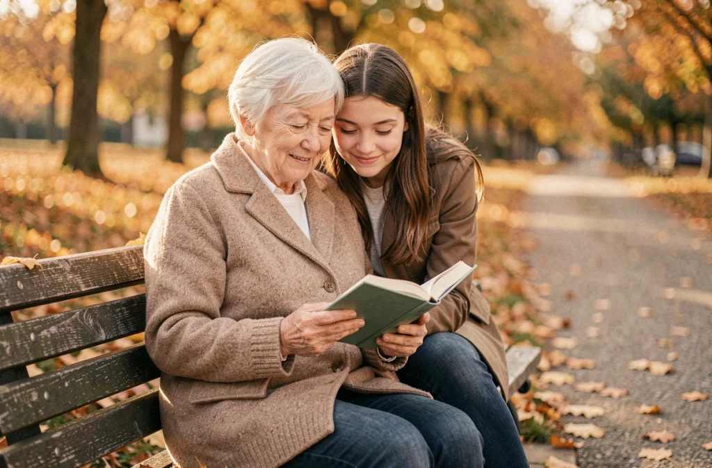 Grand-mère et petite-fille lisant ensemble un journal dans un parc en automne, évoquant la transmission des proverbes et de l'amour maternel