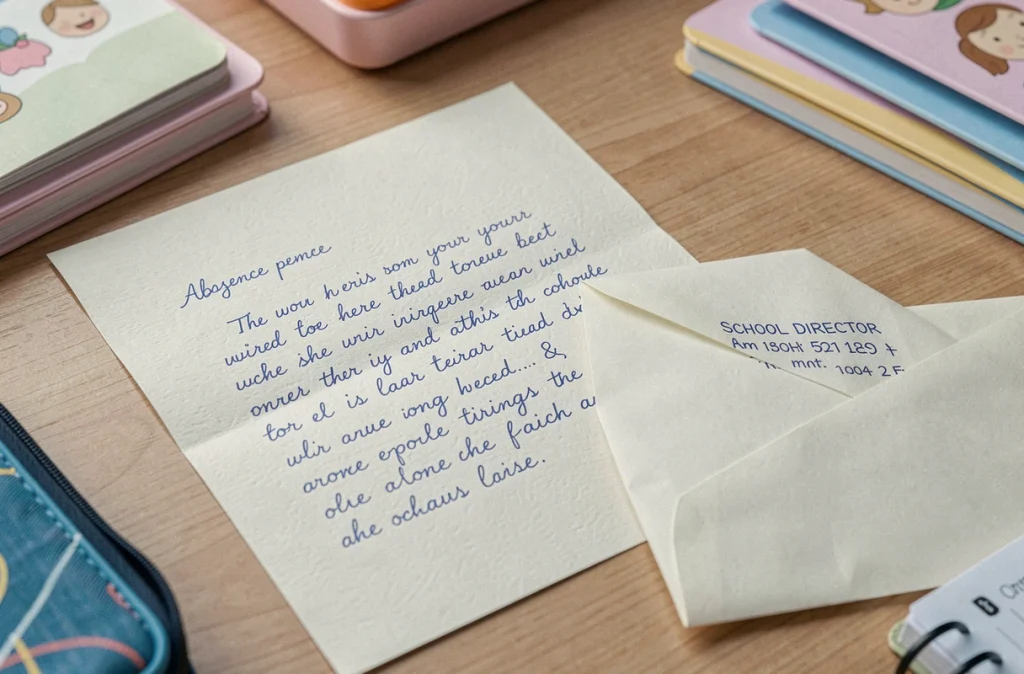Gros plan d'une lettre d'absence manuscrite pour l'école en raison d'un rendez-vous médical, posée à côté d'une enveloppe cachetée et d'un agenda scolaire