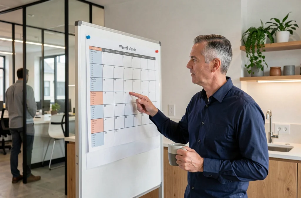 Homme consultant un calendrier de semaines partagé en salle de pause dans un bureau moderne