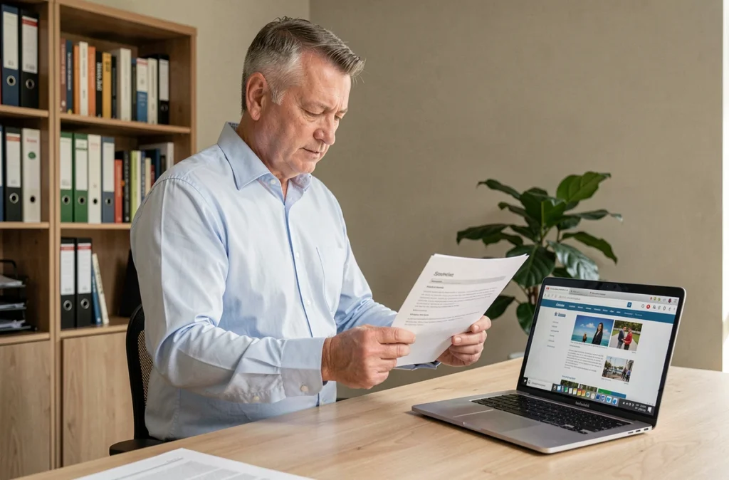 Homme consultant un formulaire d'attestation d'hébergement sur son bureau à domicile