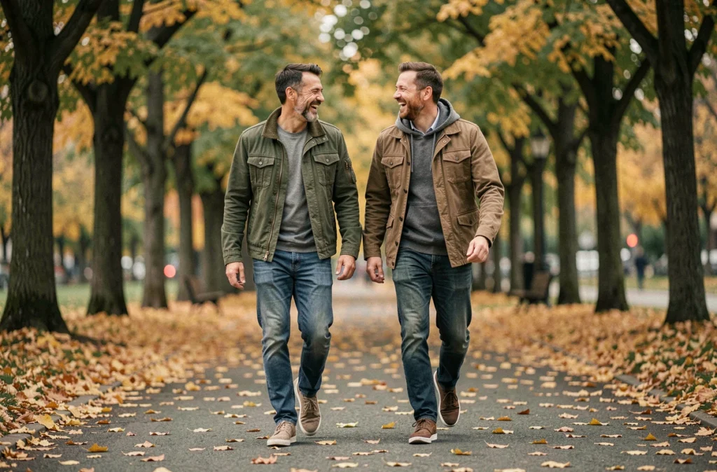 Deux hommes complices se promenant dans un parc en automne, évoquant la relation intime et discrète entre Jarry et son mari révélée par leurs proches