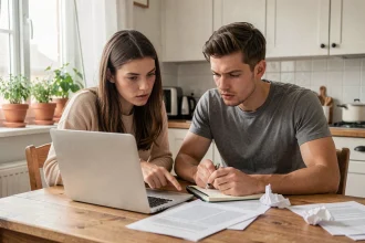 Jeunes parents consultant des documents financiers ensemble dans leur cuisine pour comprendre le Family Deal