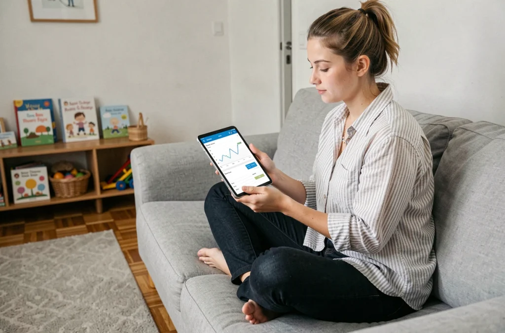 Jeune maman explorant une application de gestion budgétaire Family Deal sur tablette dans son salon