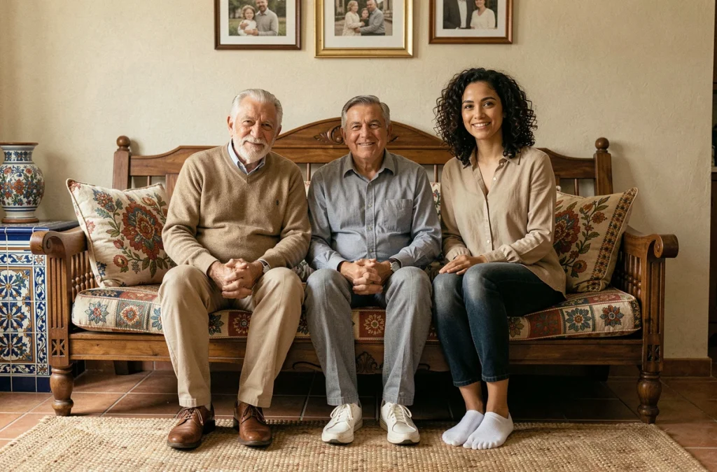 Portrait de famille aux origines méditerranéennes et maghrébines dans un intérieur traditionnel, illustrant le contexte familial et culturel de Margot Haddad