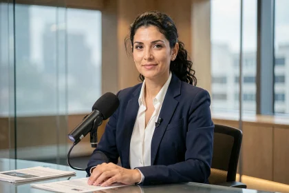 Journaliste femme d'origine méditerranéenne assise à un bureau de studio de télévision, illustrant l'article sur Margot Haddad et ses origines