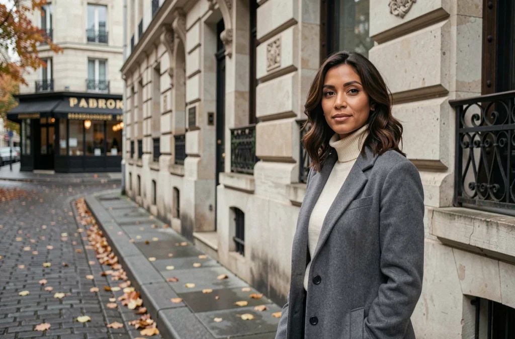 Femme d'origine franco-maghrébine devant un immeuble parisien en automne, évoquant les racines culturelles mixtes et l'identité de Margot Haddad