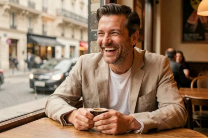 Portrait d'un homme souriant et détendu dans un café parisien, illustrant la vie privée et la personnalité attachante du mari de Jarry selon ses proches