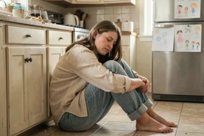 Mère épuisée assise sur le sol de sa cuisine, exprimant la fatigue parentale et le besoin de soutien émotionnel