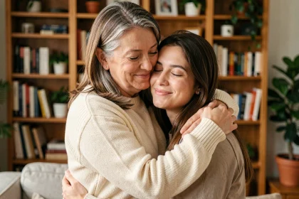 Mère et fille adulte s'embrassant tendrement dans un salon chaleureux, illustrant l'amour maternel et les proverbes sur la maman