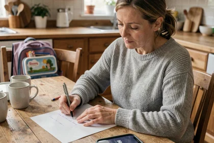 Mère écrivant une lettre d'absence pour l'école de son enfant à cause d'un rendez-vous médical, assise à une table en bois dans une cuisine familiale