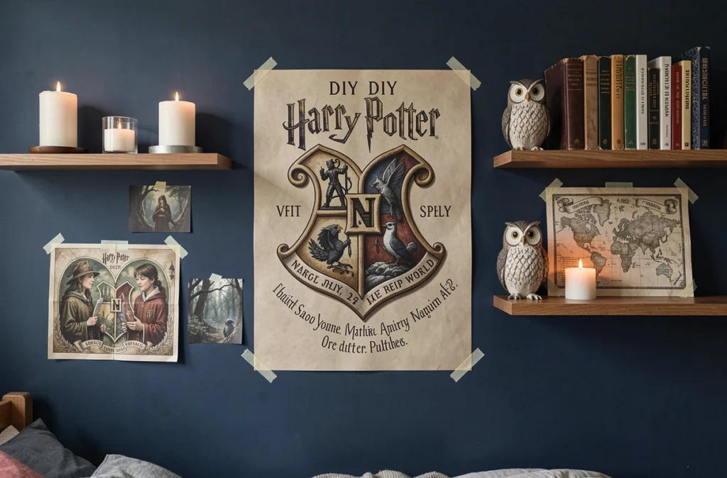 Mur de chambre d'adolescent décoré avec des affiches Harry Potter imprimées style DIY sur fond bleu nuit