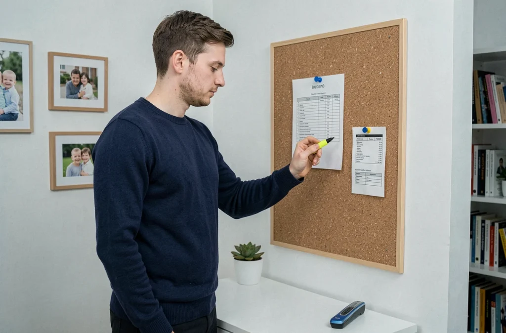 Jeune père analysant un tableau budgétaire Family Deal dans son bureau à domicile