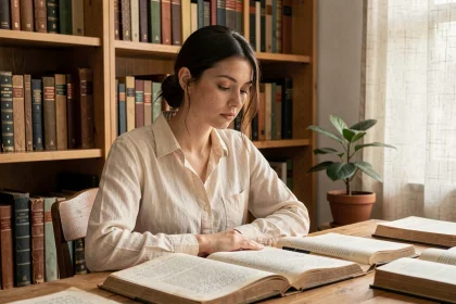Jeune femme pensive assise dans une bibliothèque entourée de livres anciens, illustrant la réflexion sur l'origine et le caractère du prénom Lisa