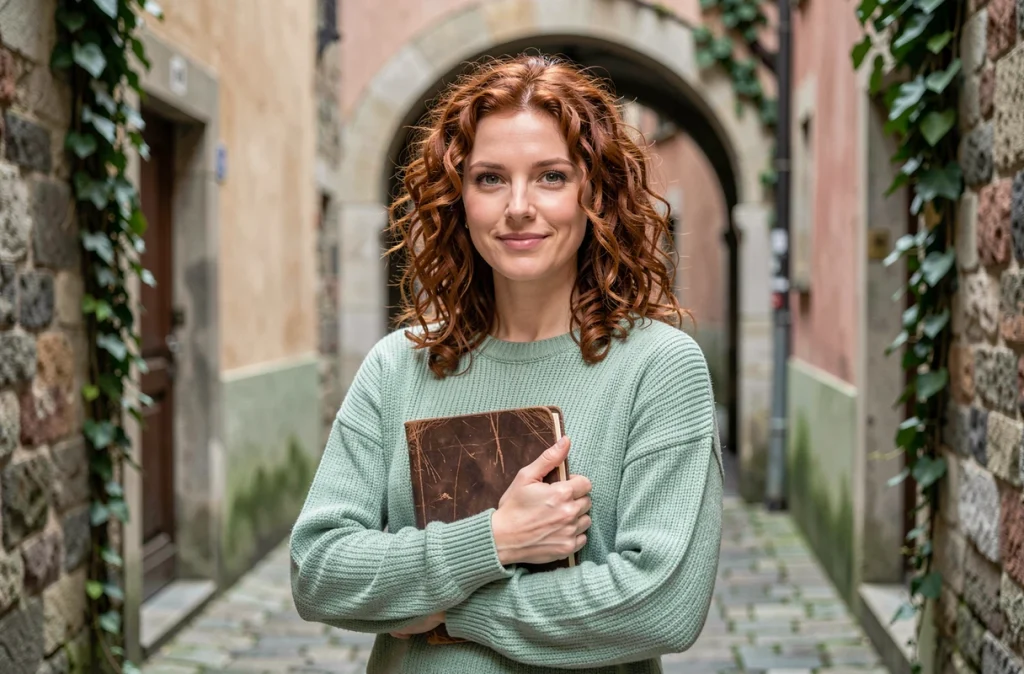 Femme confiante dans une ruelle européenne pavée tenant un carnet en cuir, évoquant les origines culturelles et le symbolisme du prénom Lisa