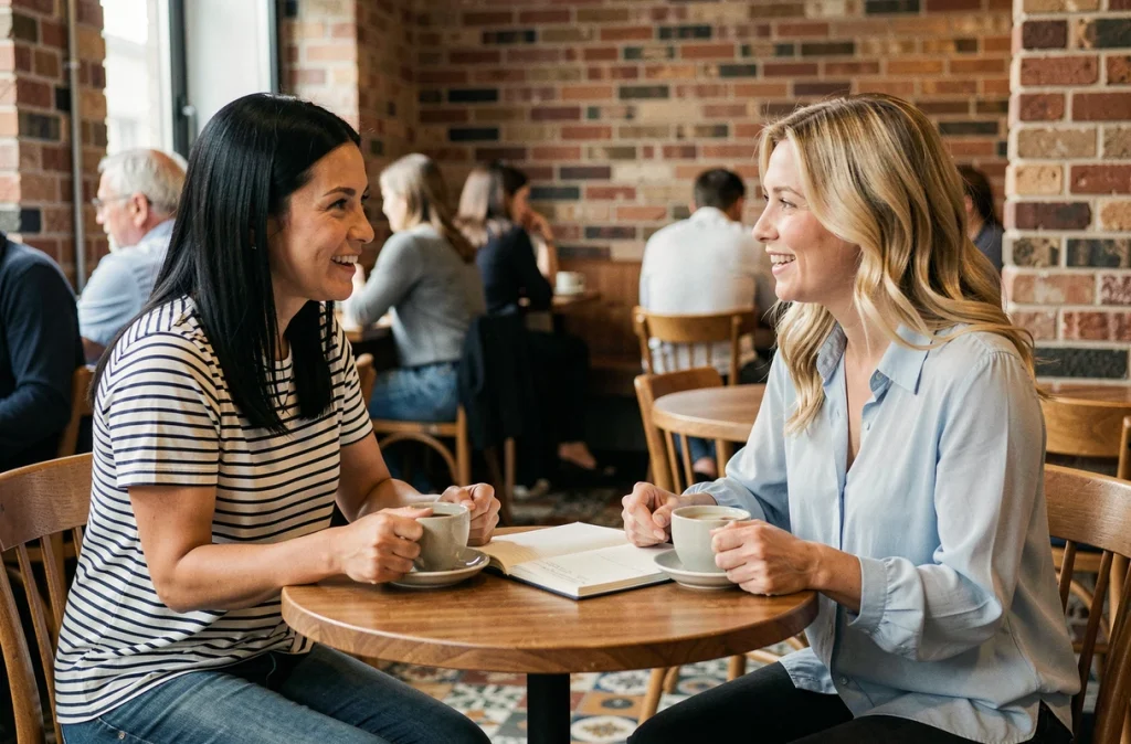 Deux femmes en discussion animée dans un café autour d'un carnet ouvert, illustrant la psychologie et les traits de caractère associés au prénom Lisa