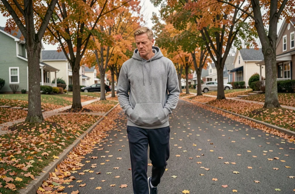 Homme marchant seul dans une rue de banlieue américaine en automne, feuilles mortes au sol, évoquant la solitude et la vie quotidienne d'une star du rap