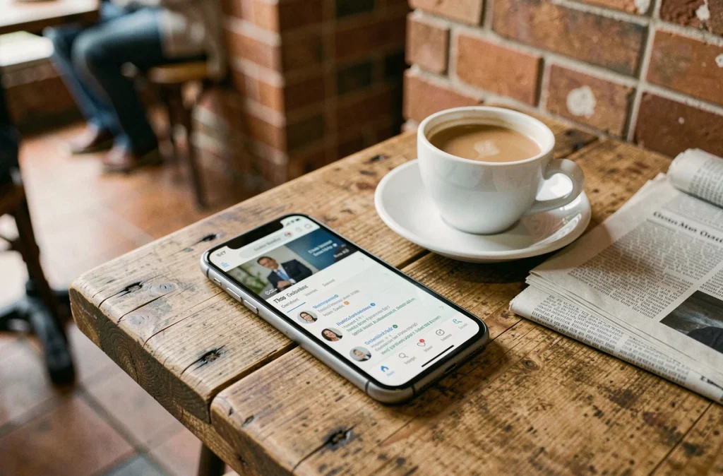 Smartphone posé sur une table de café avec une recherche floue sur écran, symbolisant la curiosité autour de la vie privée des personnalités