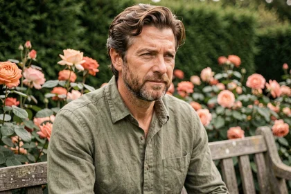 Portrait d'un homme élégant dans un jardin fleuri, illustrant la discrétion de la vie privée d'une personnalité publique