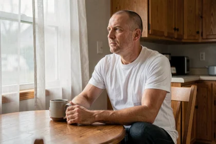 Homme solitaire assis à une table de cuisine, regardant par la fenêtre d'une maison de banlieue, symbolisant la vie privée d'une célébrité