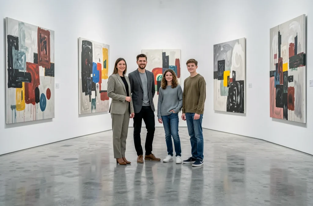Séance de photographie familiale artistique dans une galerie d'art contemporain à Lyon avec une famille aux tenues monochromes