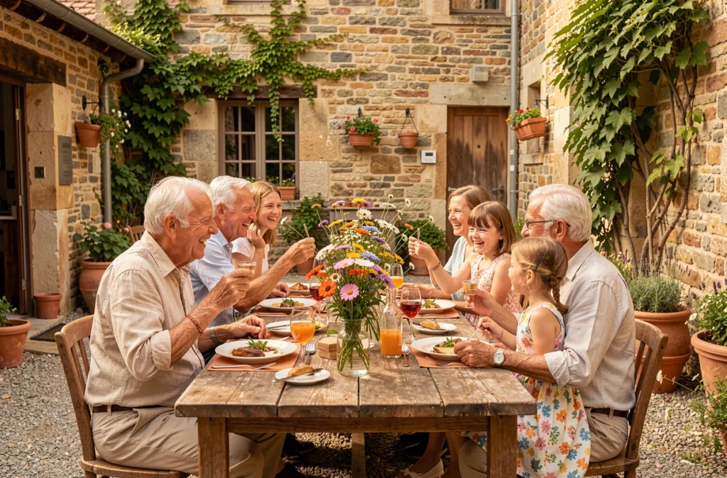 Reportage d'événement familial en plein air dans une ferme en pierre en Rhône-Alpes avec trois générations réunies