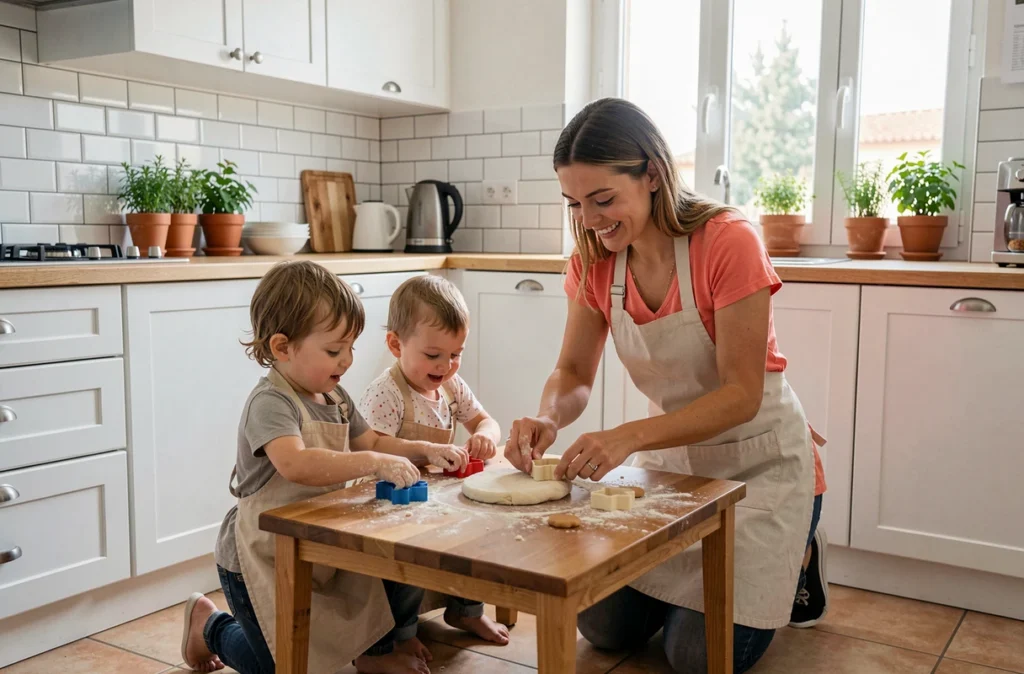 Une baby-sitter de Babychou Services Montpellier fait de la pâtisserie avec deux enfants dans une cuisine lumineuse