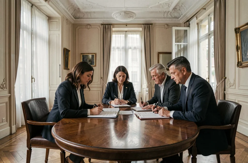 Les associés du cabinet SCP Maniere-Paget-Champenois à Dijon réunis autour d'une table de conférence pour examiner des dossiers de droit de la famille