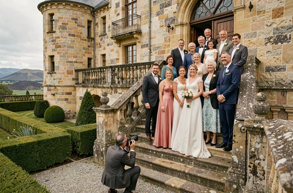 Séance photo mariage et famille en Auvergne devant un château médiéval avec une famille en tenue formelle sur un escalier en pierre
