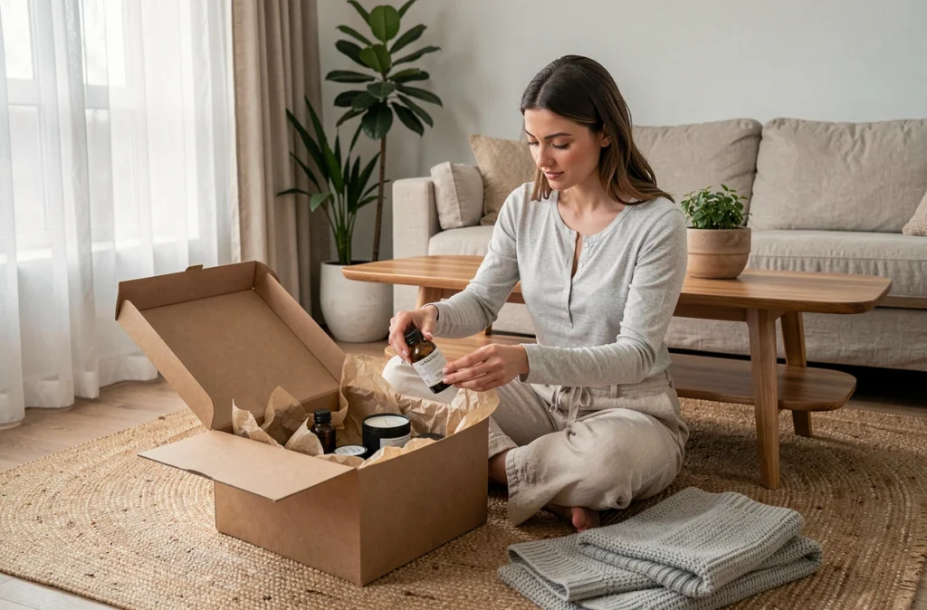 Femme découvrant un coffret cadeau naissance bien-être posé sur un tapis en jute dans un salon chaleureux et naturel