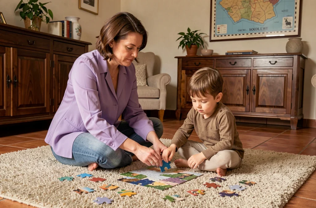 Une professionnelle de Destia Toulouse aide un enfant à assembler un puzzle sur un tapis en laine dans un salon toulousain