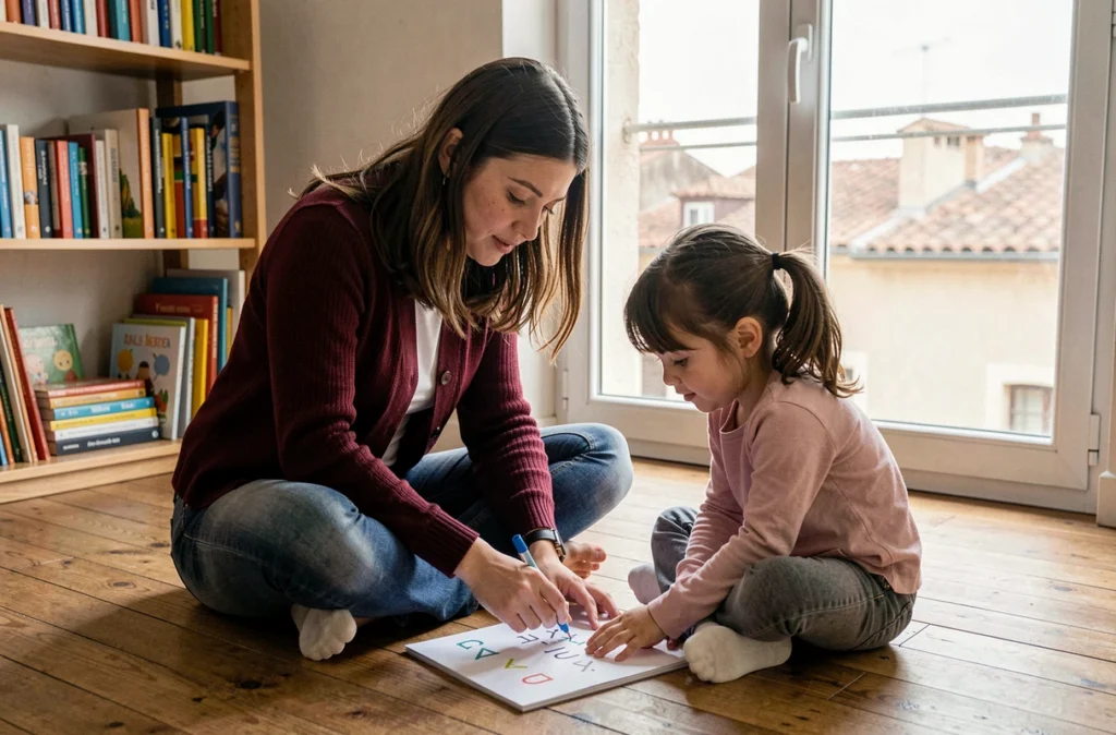 Une éducatrice d'Educazen Montpellier aide une petite fille à faire ses exercices dans un appartement moderne