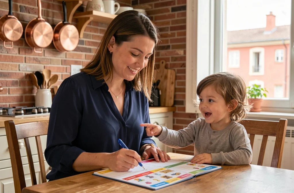 Une coordinatrice de Family Sphere Toulouse planifie la journée avec un enfant autour d'une table de cuisine toulousaine