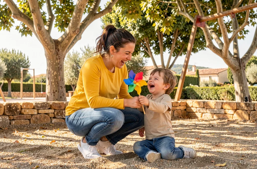 Une baby-sitter de Kangourou Kids Montpellier joue avec un enfant dans un jardin ensoleillé du Languedoc